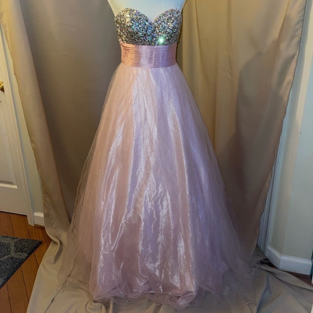 Pink strapless dress with rhinestone top